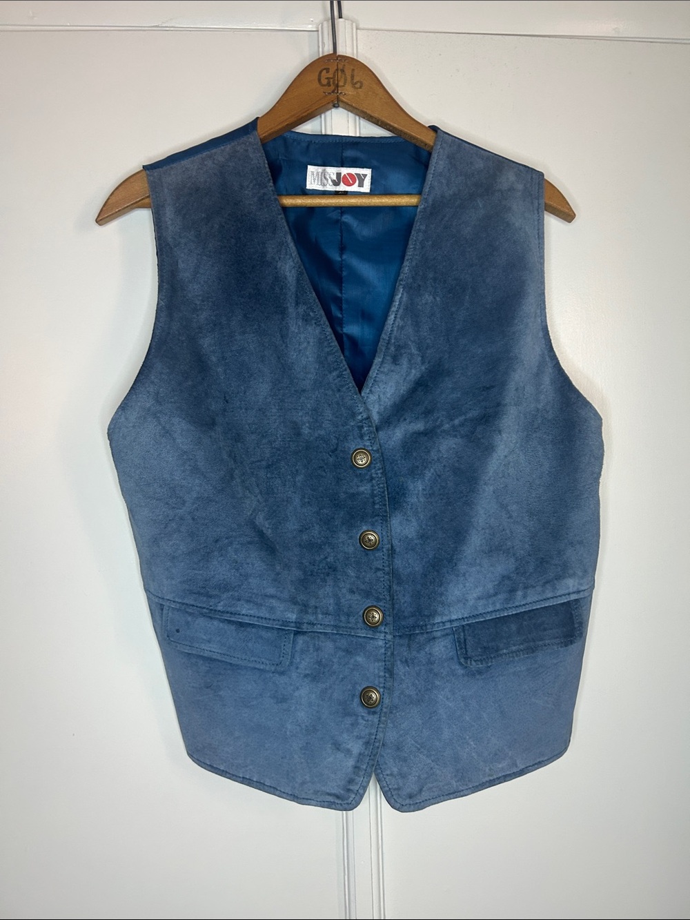 Vintage Miss Joy Blue Suede Leather Button Front Vest - Picture 2 of 10